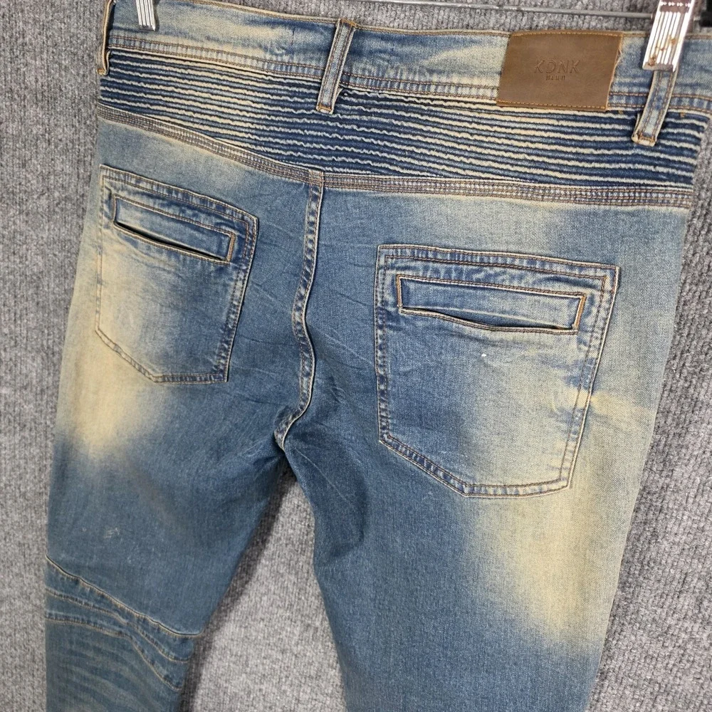 KDNK Denim Jeans Mens 34x32  Blue Moto Destroyed Distressed Ankle Zip 11 4 14 11
